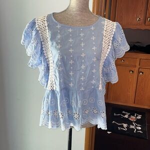 Jennifer & Grace embroidered eyelet cotton top blouse raffles blue white Sz XL